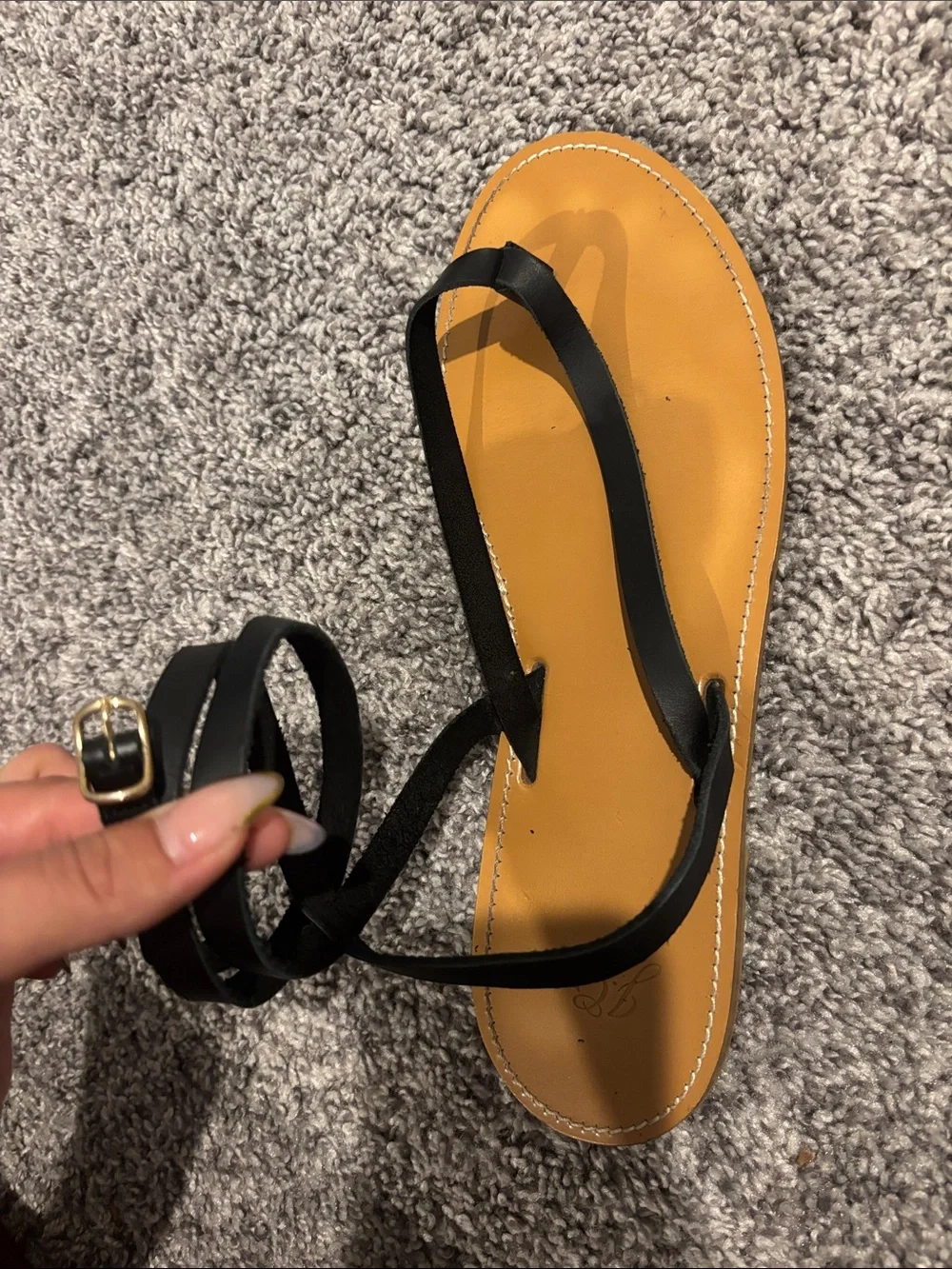 J. Crew Black Strap Leather Sandals with Tan Footbed